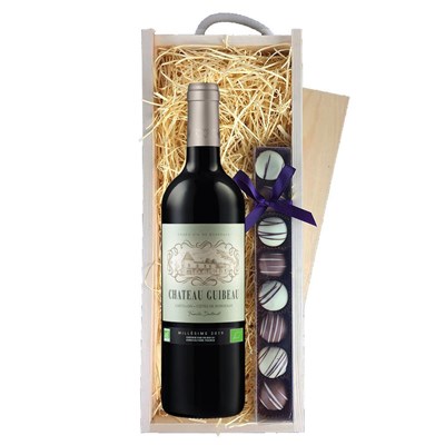 Chateau Guibeau Bordeaux Wine 75cl Red Wine & Heart Truffles, Wooden Box